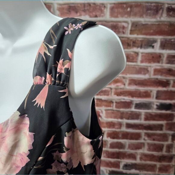Connected Apparel Floral Sheer Overlay Dress Size 10P Pink Black Sleeveless - Picture 3 of 9